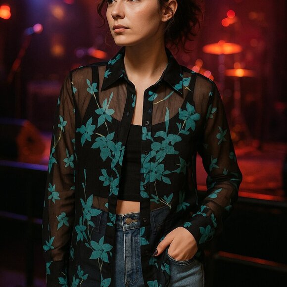 Croft & Barrow Sheer Mesh Floral Blouse Black Y2K Grunge Fairycore XL Whimsigoth - Picture 10 of 10